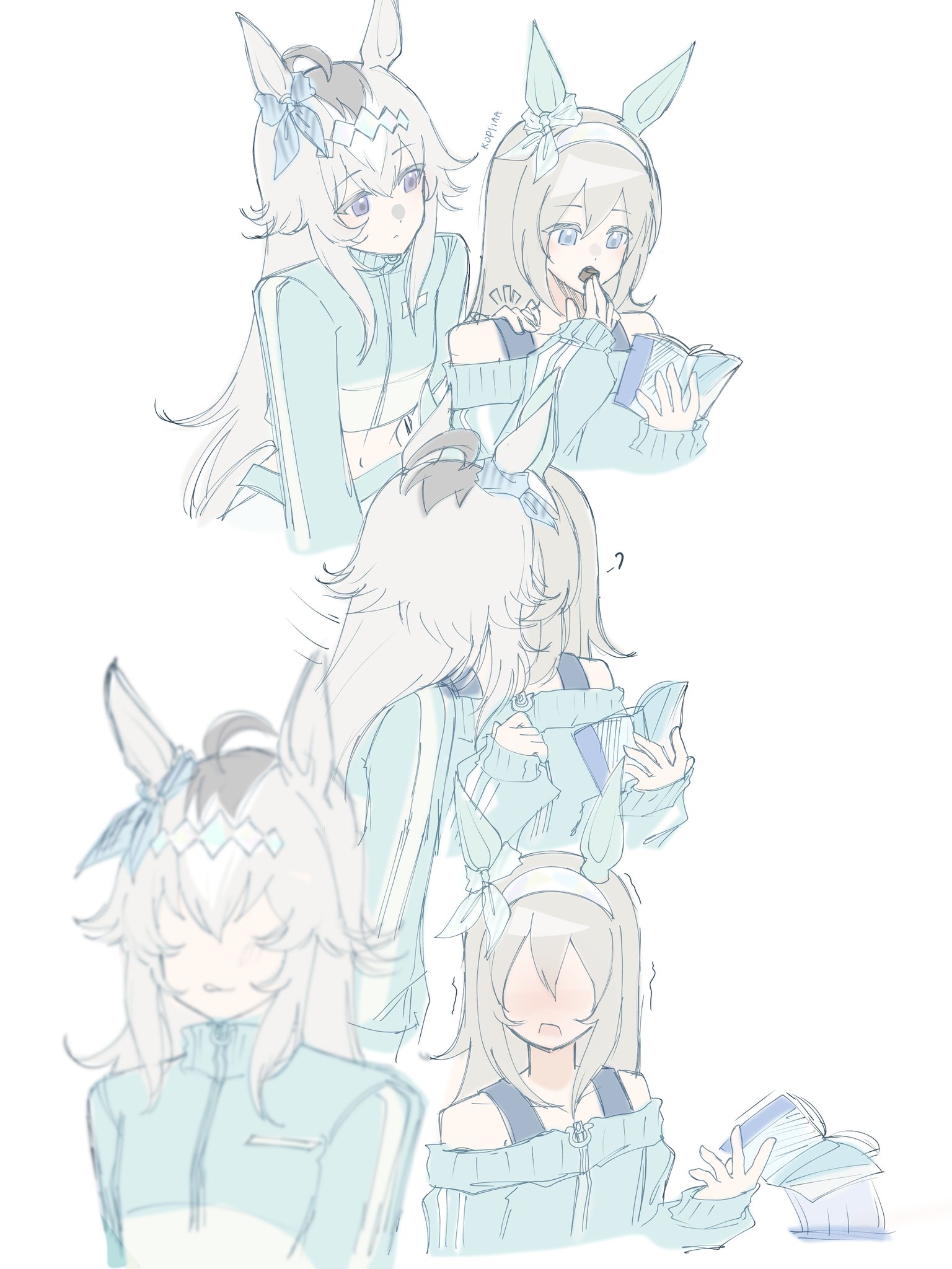 oguri cap (umamusume), tamamo cross (umamusume), umamusume, umamusume: cinderella gray, highres, 2girls, ?, ahoge, alternate costume, animal ears, blue eyes, blue jacket, blush, book, bow, chocolate, closed mouth, collarbone, cropped jacket, ear bow, ear covers, ear ornament, eating, food, grey hair, hair between eyes, hair ornament, hairband, headband, holding, holding book, holding chocolate, holding food, horse ears, horse girl, jacket, kiss, koppiaa, long hair, long sleeves, midriff, multicolored hair, multiple girls, navel, off-shoulder jacket, off shoulder, open mouth, tongue, tongue out, very long hair, yuri