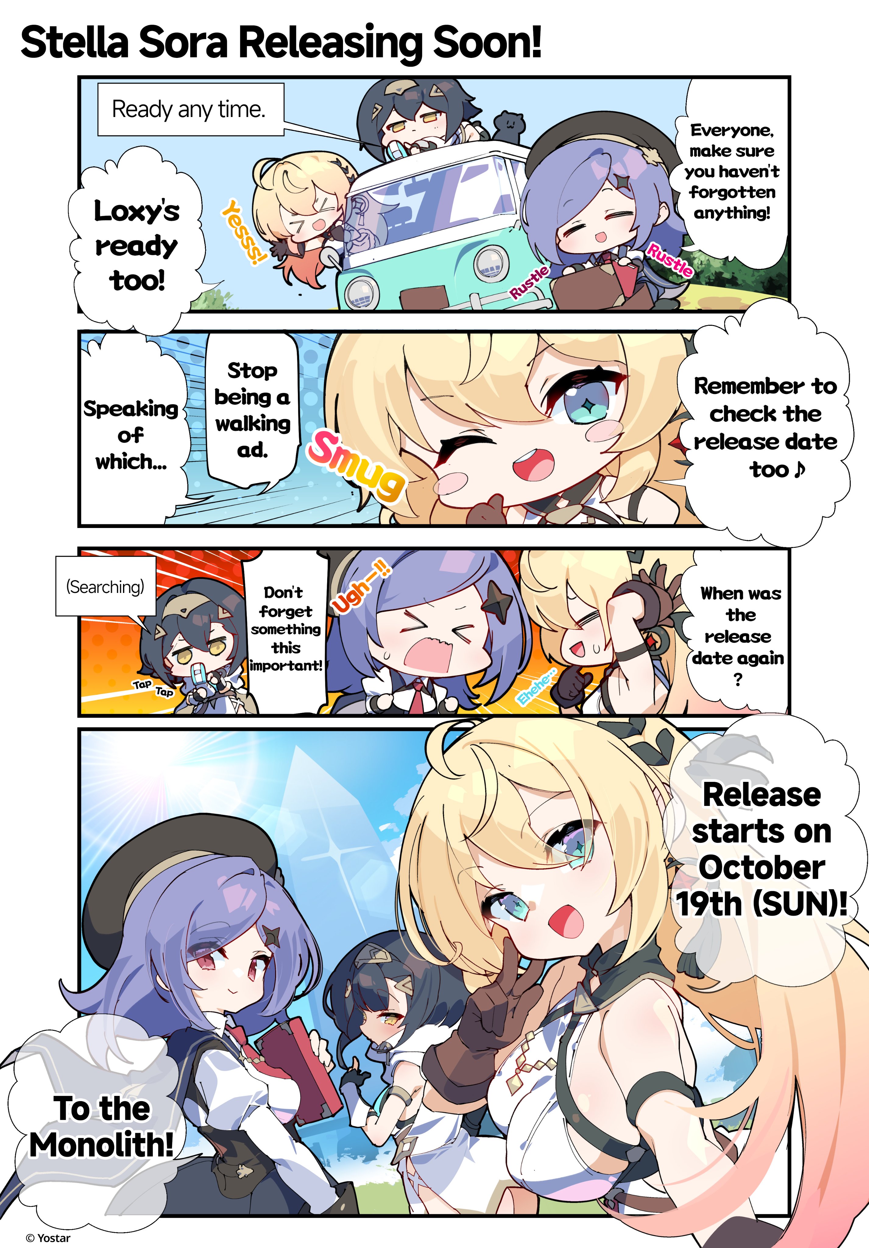 amber (stella sora), iris (stella sora), noya (stella sora), stella sora, absurdres, commentary, english commentary, highres, official art, translation request, > <, 3girls, :d, ;d, ahoge, beret, black cat, black hair, black hat, black skirt, blonde hair, blue eyes, blush stickers, breasts, cat, cellphone, closed eyes, english text, flip phone, gradient hair, hat, holding, holding phone, juliet sleeves, large breasts, long hair, long sleeves, motor vehicle, multicolored hair, multiple girls, necktie, new star guild (stella sora), one eye closed, open mouth, orange hair, phone, puffy sleeves, purple hair, red necktie, selfie, shirt, sideboob, sideless dress, sideless shirt, skirt, smile, sparkle hair ornament, speech bubble, star-shaped pupils, star (symbol), symbol-shaped pupils, van, white shirt, xd, yellow eyes