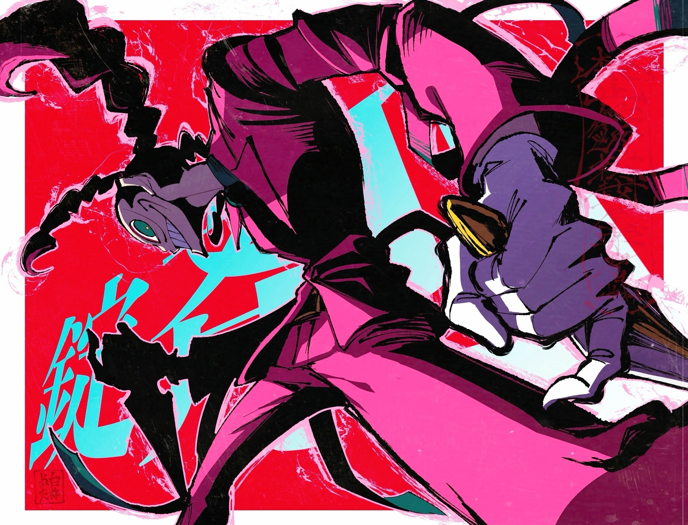 kurotake ihi, commentary request, highres, 1boy, black hair, border, dagger, dual wielding, empty eyes, facial hair, foreshortening, formal clothes, green eyes, grin, head down, holding, holding dagger, holding knife, holding weapon, jacket, jouzai (song), knife, legs apart, long hair, long sleeves, looking at viewer, looking to the side, male focus, mustache, outside border, pants, pheasance (jouzai), pink jacket, pink pants, pink suit, pinky out, profile, red background, reverse grip, smile, solo, song name, standing, suit, text background, tri braids, weapon, white border