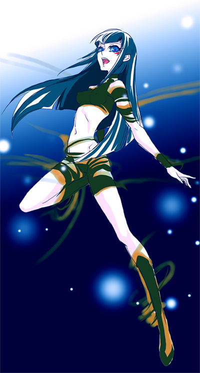 carly nagisa, yu-gi-oh!, yu-gi-oh! 5d's, 00s, black sclera, boots, colored sclera, dark signer, green hair, long hair, midriff, navel, solo