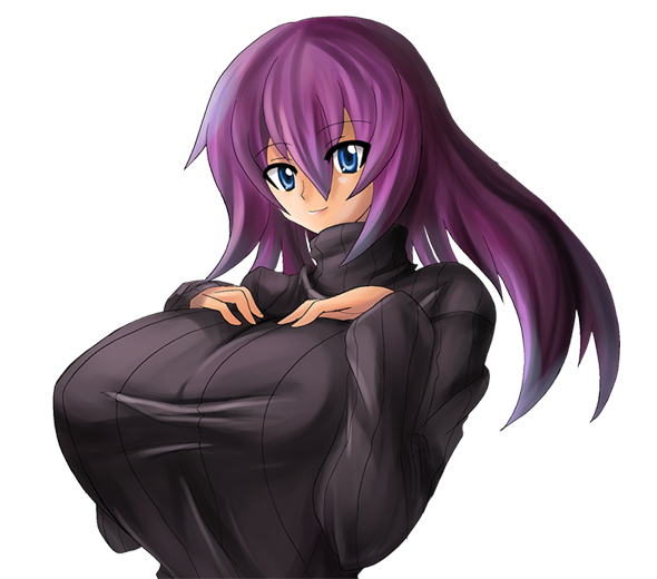 amano mokuzu, seaweeds (pixiv 71763), umino mokuzu (a4 size), megurine luka, vocaloid, bad id, bad pixiv id, 1girl, blue eyes, breasts, female focus, huge breasts, long hair, purple hair, smile, solo, sweater, turtleneck, turtleneck sweater