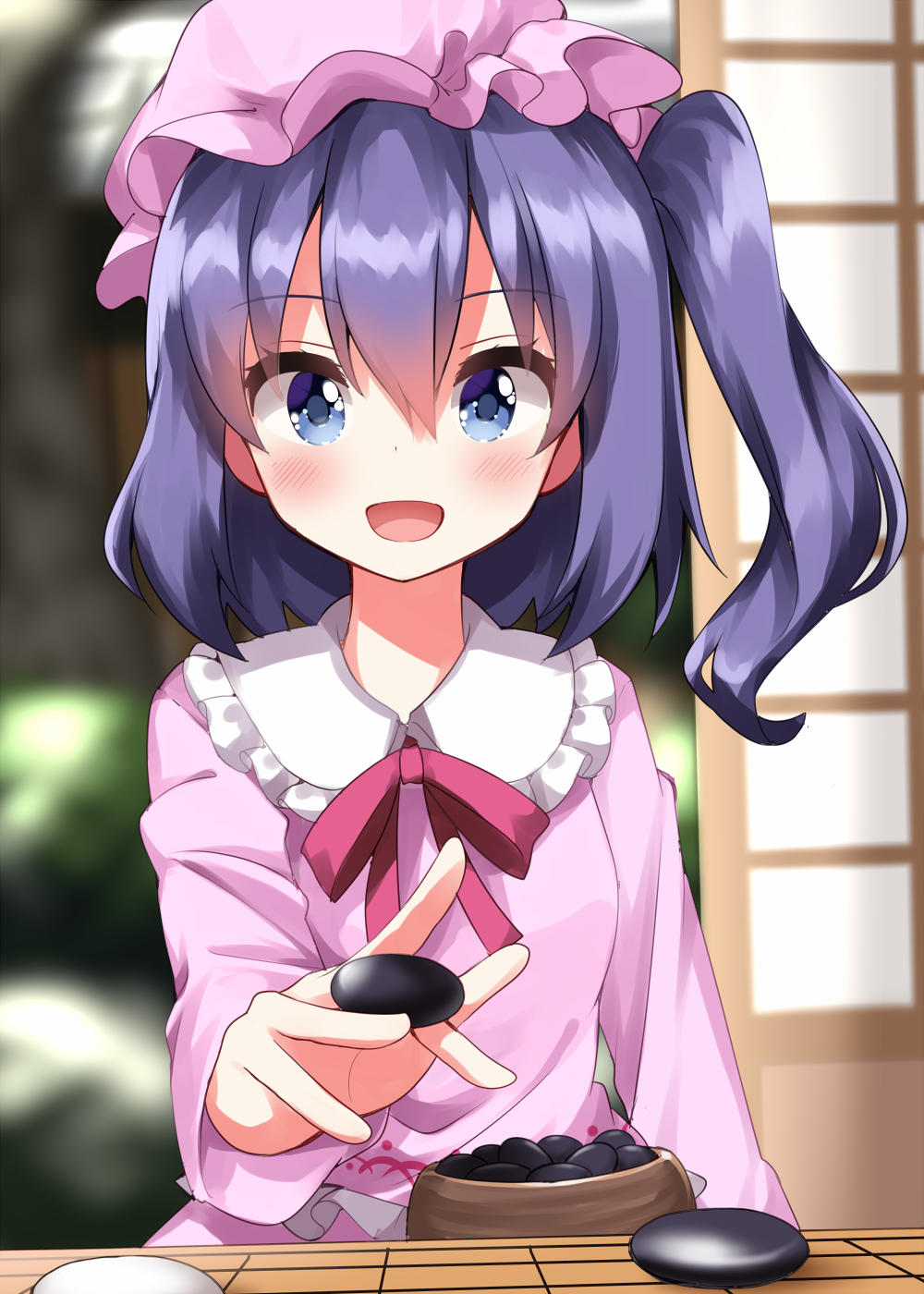 ruu (tksymkw), purple-haired oekaki girl (touhou), portrait of exotic girls, touhou, commentary request, highres, 1girl, :d, board game, breasts, collared shirt, go (board game), hat, holding go stone, long sleeves, medium hair, mob cap, open mouth, pink hat, pink ribbon, pink shirt, playing games, purple eyes, purple hair, ribbon, shirt, sliding doors, small breasts, smile, solo, upper body