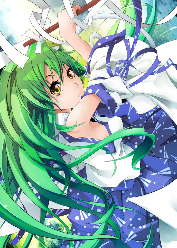 dain, kochiya sanae, touhou, bad id, bad pixiv id, 1girl, detached sleeves, female focus, green hair, solo, yellow eyes