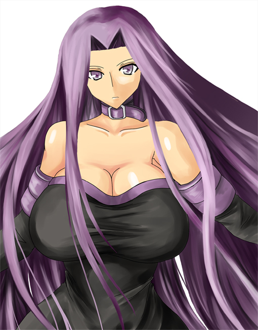 amano mokuzu, seaweeds (pixiv 71763), umino mokuzu (a4 size), medusa (fate), medusa (rider) (fate), fate/hollow ataraxia, fate/stay night, fate (series), type-moon, bad id, bad pixiv id, 00s, 1girl, bare shoulders, breasts, choker, cleavage, dress, elbow gloves, female focus, gloves, hip focus, huge breasts, long hair, purple eyes, purple hair, solo, strapless, strapless dress, very long hair, wide hips