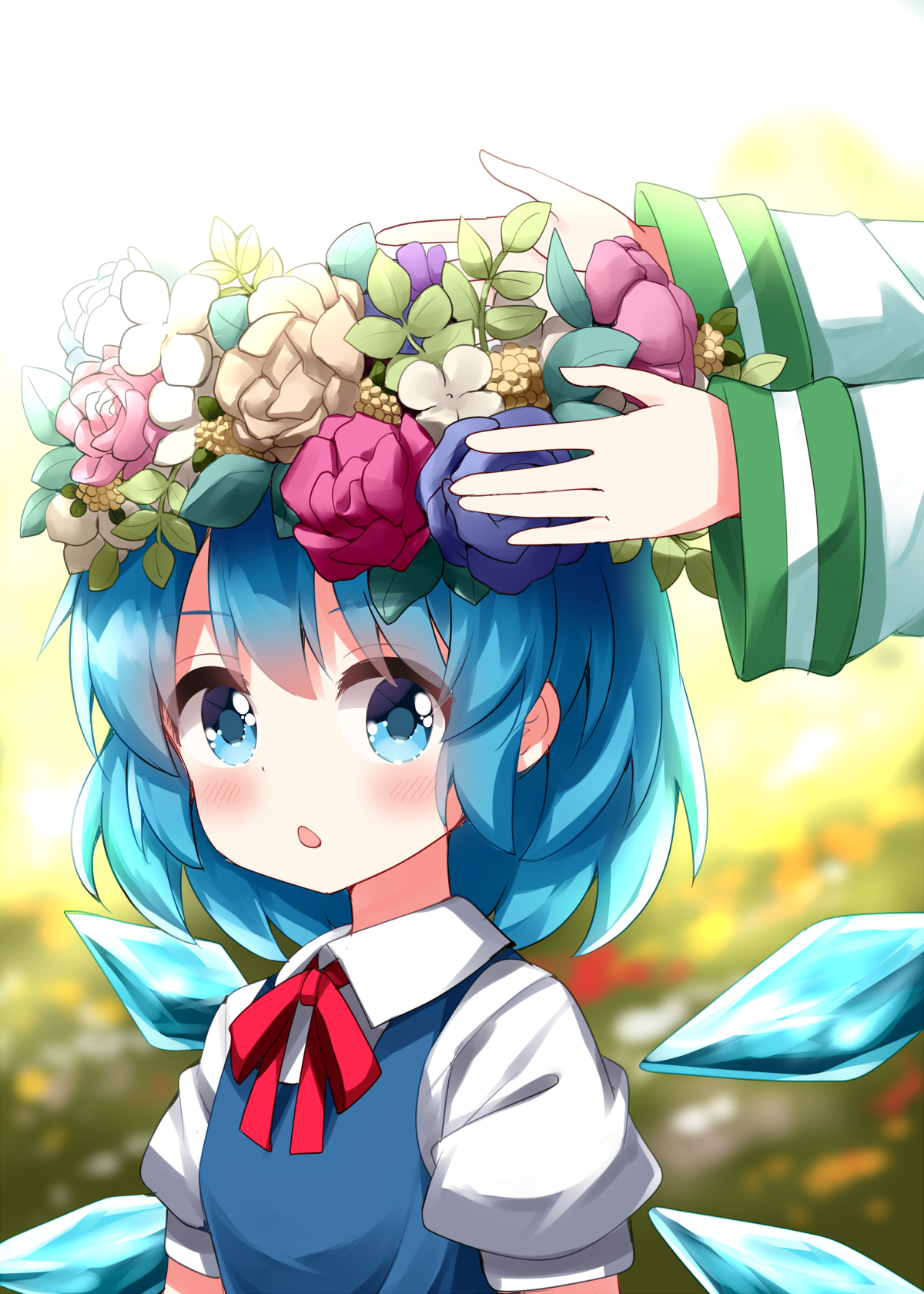 ruu (tksymkw), cirno, original, touhou, commentary request, highres, 2girls, :o, blue eyes, blue hair, blue vest, blush, collared shirt, head wreath, multiple girls, neck ribbon, puffy short sleeves, puffy sleeves, red ribbon, ribbon, shirt, short sleeves, vest, vinca words, white shirt