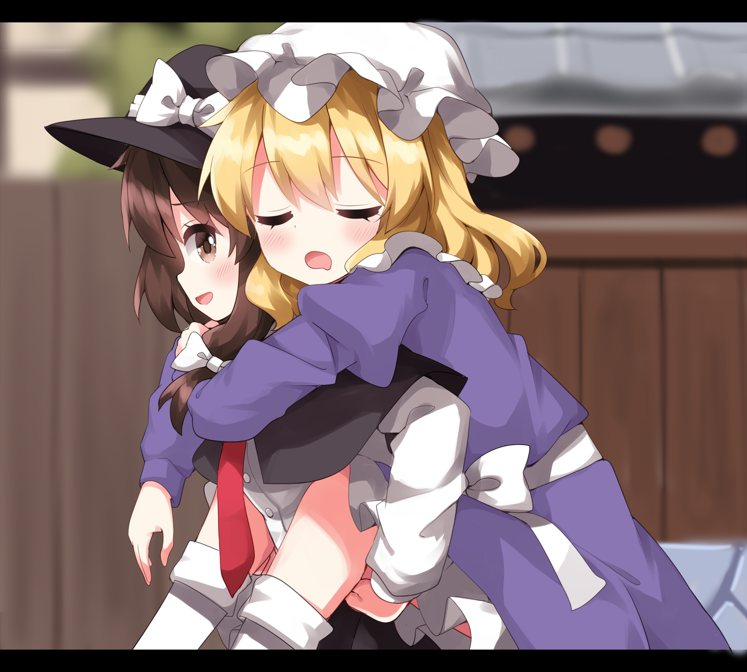 ruu (tksymkw), maribel hearn, usami renko, touhou, commentary request, highres, 2girls, black capelet, black hat, black skirt, blonde hair, blush stickers, brown eyes, brown hair, capelet, carrying, closed eyes, dress, drooling, fedora, hat, juliet sleeves, letterboxed, long sleeves, medium hair, mob cap, mouth drool, multiple girls, necktie, open mouth, piggyback, profile, puffy sleeves, purple dress, red necktie, shirt, skirt, sleeping, socks, upper body, white hat, white shirt, white socks