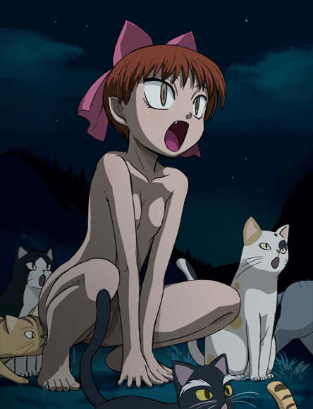 haruyama kazunori, kuro (gegege no kitarou), nekomusume, nekomusume (gegege no kitarou 5), gegege no kitarou, gegege no kitarou 5, toei company, 1girl, arm support, barefoot, bow, breasts, cat, cloud, convenient censoring, fang, feet, female focus, full body, hair ribbon, loli, night, night sky, nude, outdoors, pet play, pink bow, pointy ears, red hair, ribbon, sky, slit pupils, small breasts, smelling, smelling ass, solo, squatting, star (sky), tail censor, yellow eyes, yonic symbol