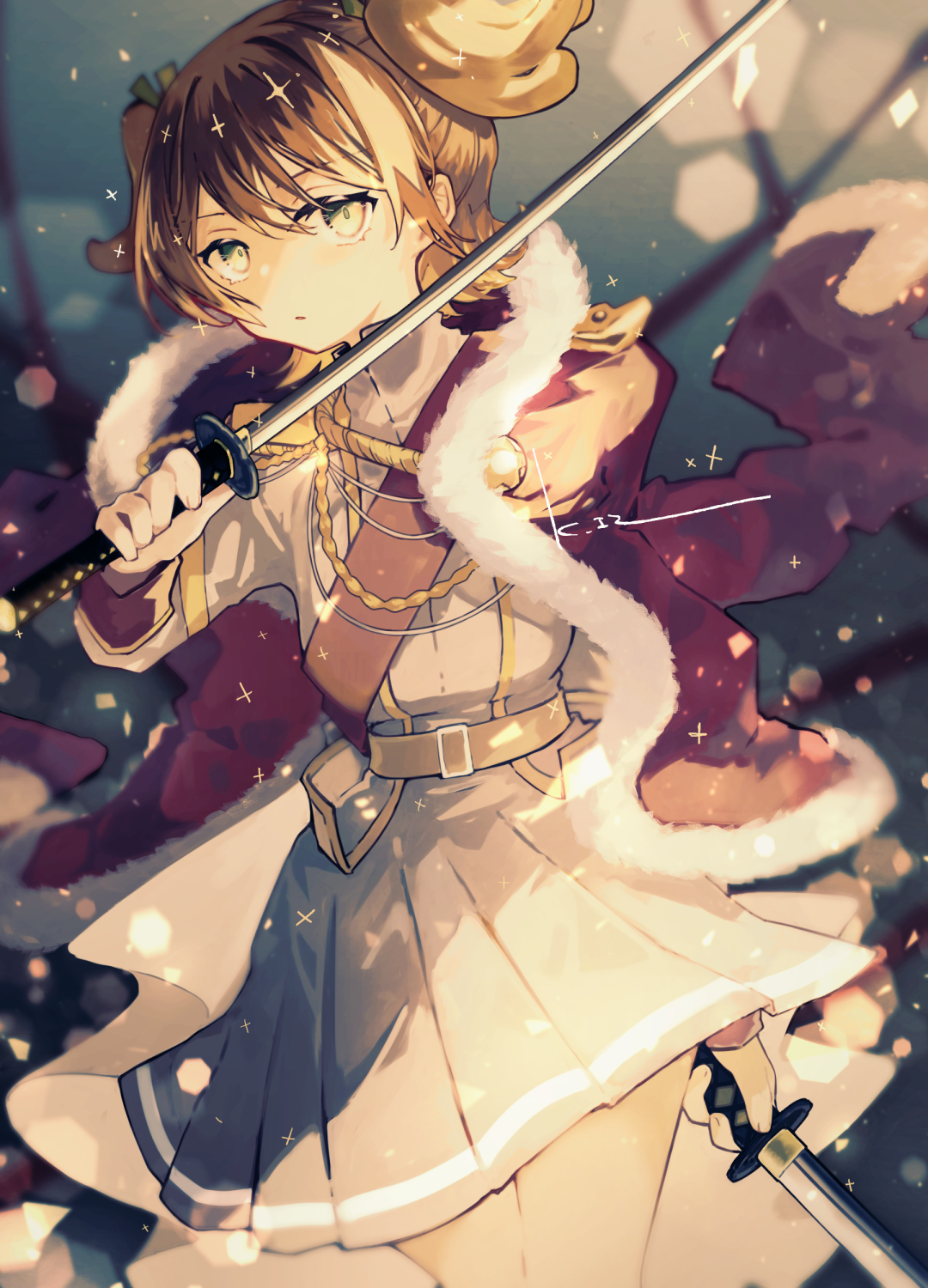 kasuga haruhi, daiba nana, shoujo kageki revue starlight, commentary request, highres, 1girl, aiguillette, belt, belt buckle, blonde hair, blurry, blurry background, bokeh, buckle, cowboy shot, depth of field, dual wielding, epaulettes, floating clothes, fur-trimmed jacket, fur trim, green eyes, green ribbon, grey jacket, grey skirt, hair between eyes, hair ribbon, hand up, holding, holding sword, holding weapon, jacket, jacket on shoulders, katana, light particles, long sleeves, looking at viewer, miniskirt, parted lips, pleated skirt, red jacket, ribbon, sash, short hair, shoulder sash, signature, single horizontal stripe, skirt, solo, sparkle, sword, two side up, waist cape, weapon, yellow belt