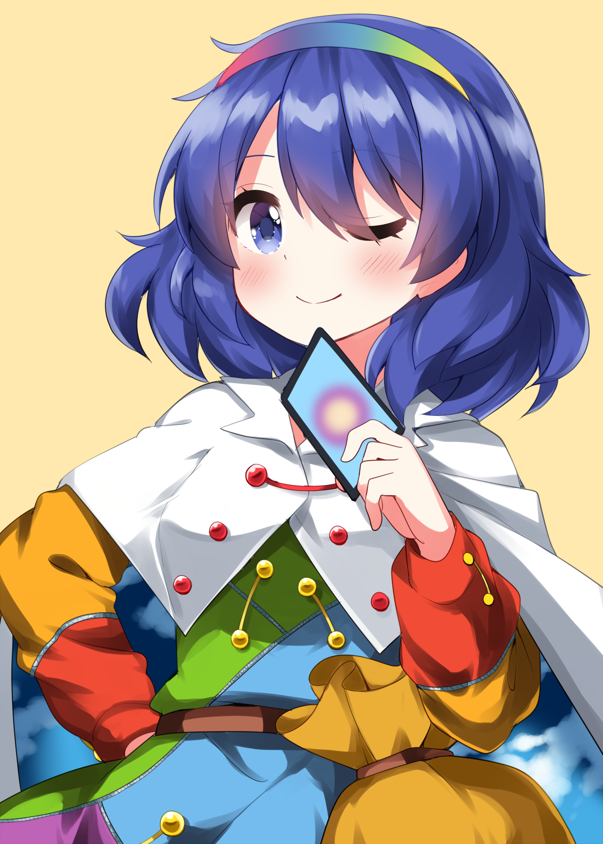 ruu (tksymkw), tenkyuu chimata, touhou, commentary request, highres, 1girl, blue eyes, blue hair, cape, card, dress, hairband, holding, holding card, long sleeves, looking at viewer, multicolored dress, multicolored hairband, one eye closed, puffy long sleeves, puffy sleeves, short hair, sky print, smile, solo, upper body, white cape