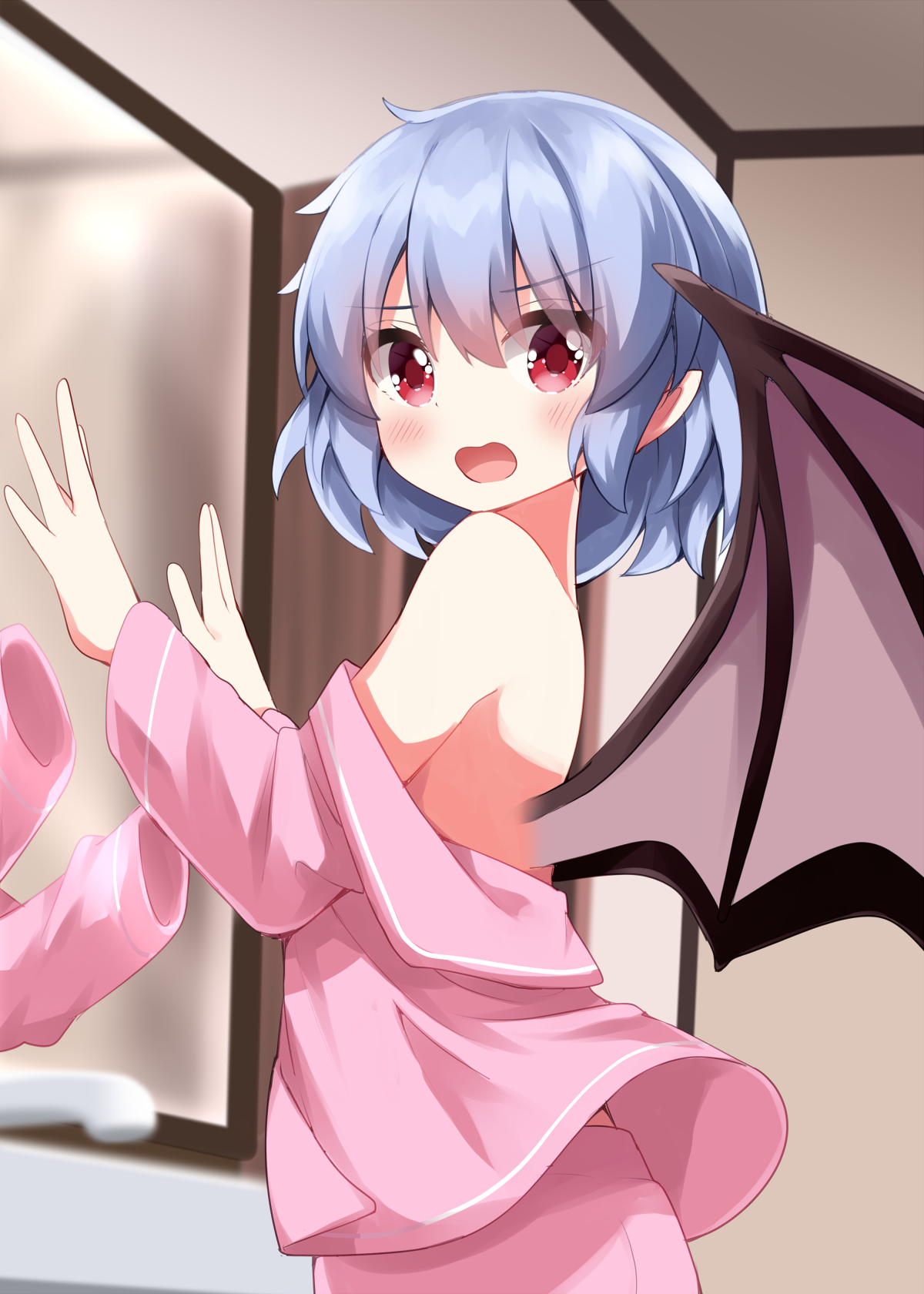 ruu (tksymkw), remilia scarlet, touhou, commentary request, highres, 1girl, alternate costume, bare back, bare shoulders, bat wings, blue hair, blush, indoors, long sleeves, mirror, no reflection, off shoulder, pajamas, pants, pink pajamas, pink pants, pink shirt, pointy ears, red eyes, shirt, short hair, solo, wings, worried