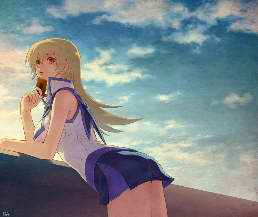 tea (retroz), tenjouin asuka, yu-gi-oh!, yu-gi-oh! gx, bad id, bad pixiv id, 1girl, back, blonde hair, brown eyes, card, duel academy uniform (yu-gi-oh! gx), female focus, holding, holding card, long hair, obelisk blue uniform, school uniform, sky, solo, yu-gi-oh (card)