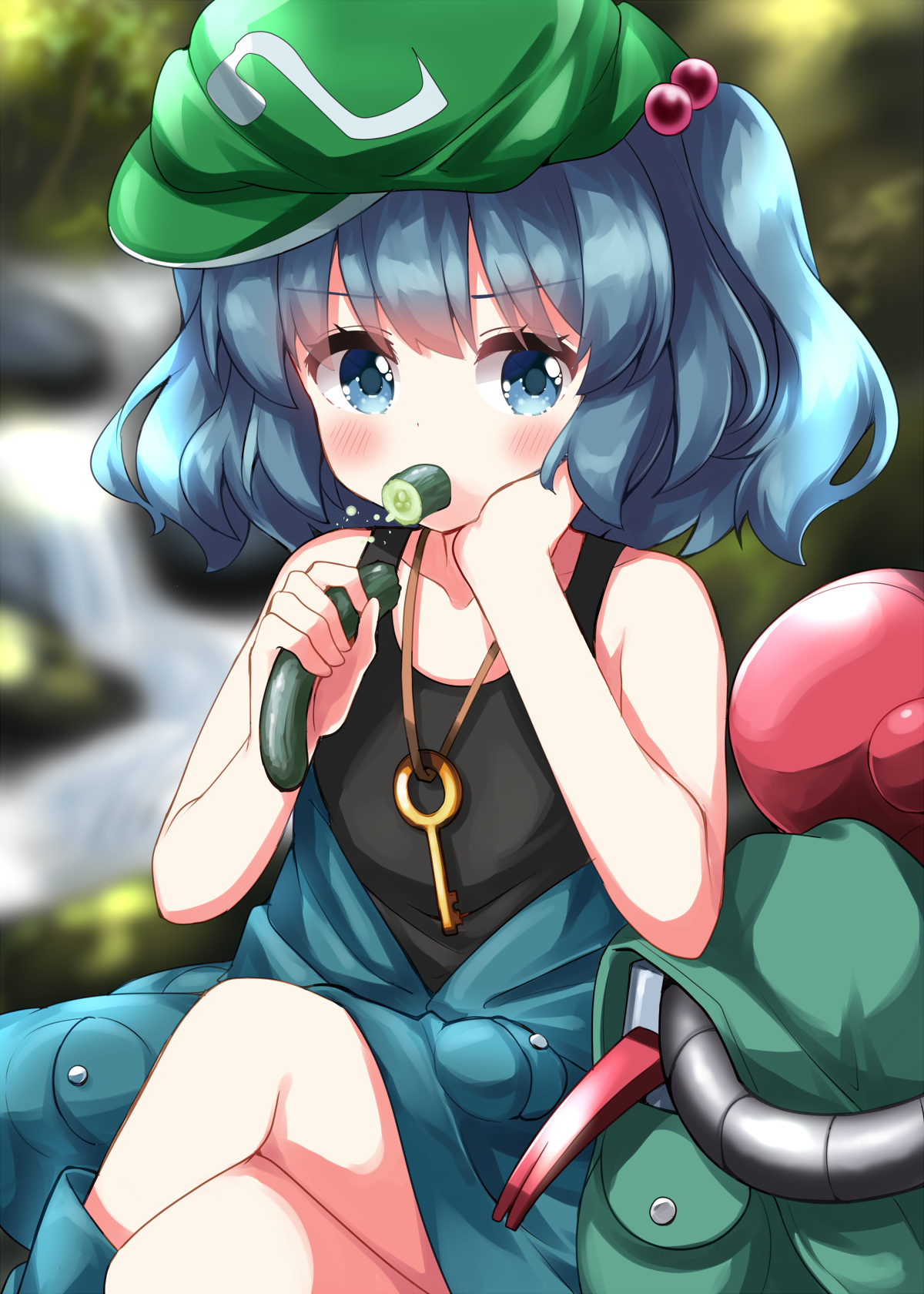 ruu (tksymkw), kawashiro nitori, touhou, commentary request, highres, 1girl, bare arms, bare shoulders, black tank top, blue eyes, blue hair, blurry, blurry background, boots, boxing gloves, crossed legs, eyes visible through hair, feet out of frame, flat chest, furrowed brow, hair bobbles, hair ornament, hand on own cheek, hand on own face, hands up, hat, key, looking at viewer, medium hair, mouth hold, off shoulder, outdoors, solo, tank top, two side up