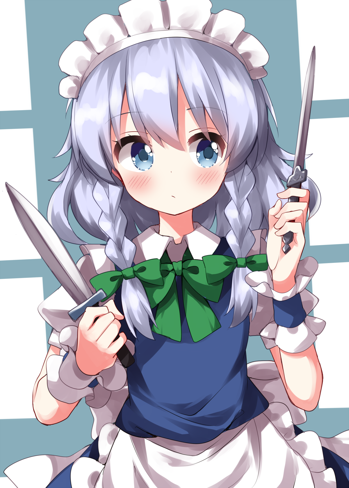 ruu (tksymkw), izayoi sakuya, touhou, commentary request, highres, 1girl, apron, blue eyes, blue skirt, blue vest, blue wrist cuffs, blush, braid, collared shirt, frilled apron, frilled wrist cuffs, frills, grey hair, holding, holding knife, knife, maid, maid headdress, medium hair, puffy short sleeves, puffy sleeves, shirt, short sleeves, skirt, solo, twin braids, undershirt, vest, waist apron, white apron, white shirt, wrist cuffs