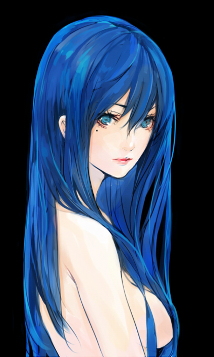 opiu, original, 1girl, back, black background, blue eyes, blue hair, breasts, convenient censoring, female focus, from side, hair between eyes, hair censor, hair over breasts, lipstick, long hair, looking at viewer, looking back, makeup, matching hair/eyes, mole, mole under eye, nude, simple background, solo, upper body
