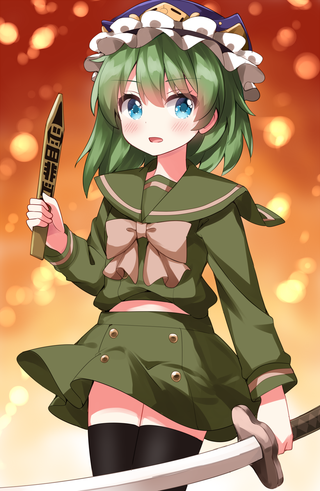 ruu (tksymkw), shana, shiki eiki, shakugan no shana, touhou, commentary request, highres, 1girl, black thighhighs, blue eyes, blue hat, blush, cosplay, cowboy shot, green hair, green sailor collar, green shirt, green skirt, hat, holding, holding sword, holding weapon, long sleeves, looking at viewer, misaki high school uniform, open mouth, sailor collar, school uniform, shana (cosplay), shirt, short hair, skirt, skirt set, solo, sword, thighhighs, weapon