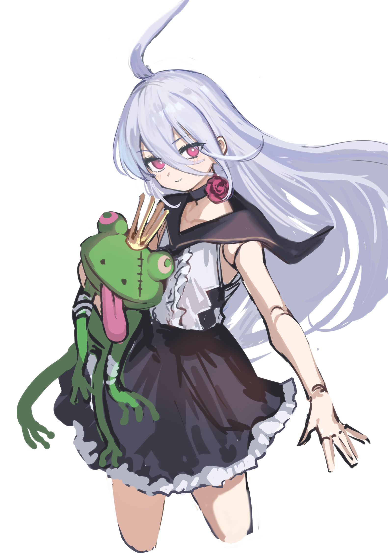 ponzu (catponz), character request, commentary request, copyright request, highres, 1girl, flat chest, frog, long hair, looking at viewer, open mouth, red eyes, simple background, sleeveless, smile, solo, white background