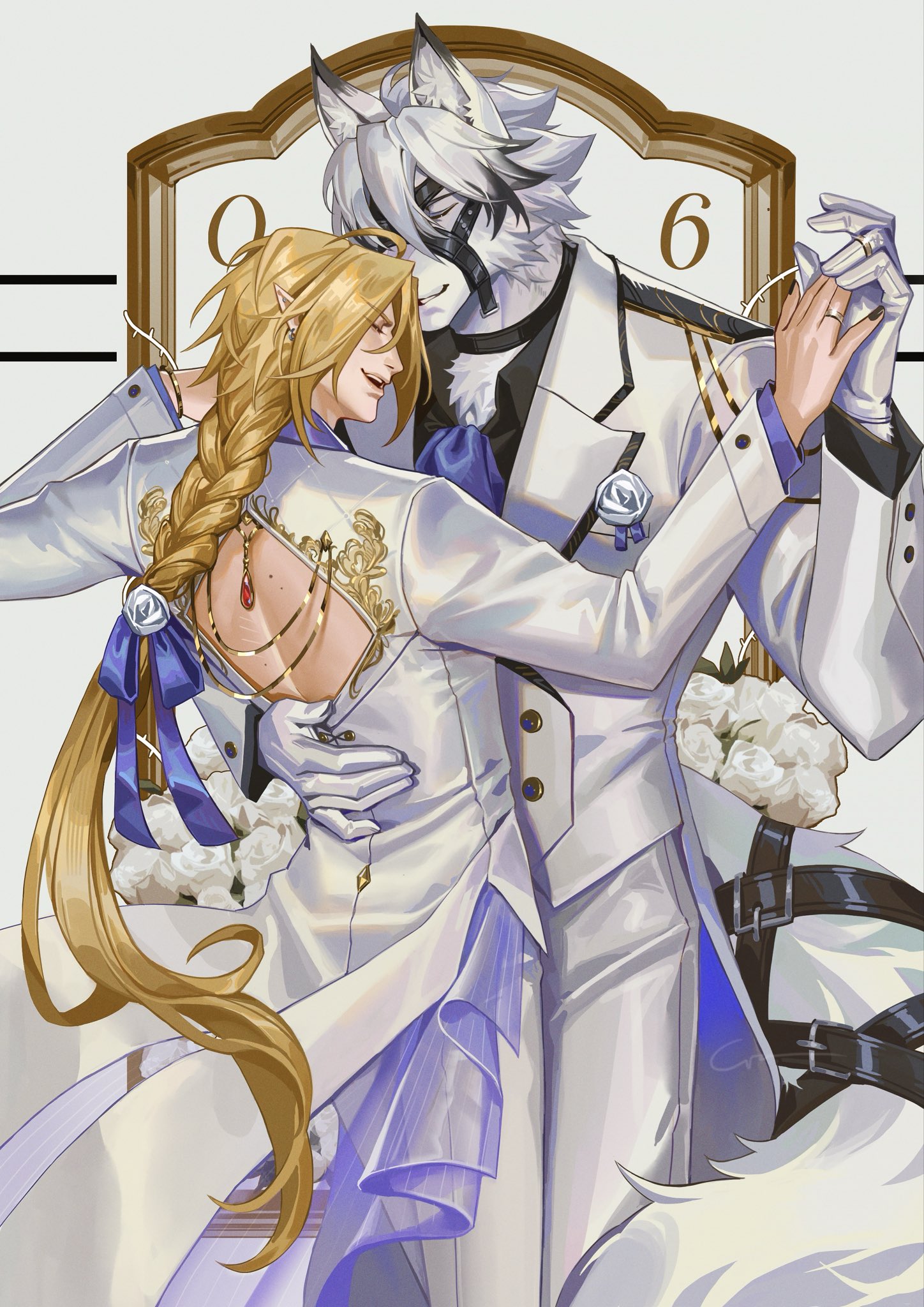 crovius, hugo vlad, von lycaon, zenless zone zero, commentary, english commentary, highres, 2boys, :d, ahoge, animal ear fluff, animal ears, ascot, back cutout, belt, belt buckle, black belt, black choker, black hair, black nails, black shirt, blonde hair, blue ascot, blue ribbon, body fur, bracelet, braid, buckle, buttons, choker, closed eyes, clothing cutout, coattails, collared shirt, cowboy shot, ear piercing, earrings, eyepatch, fingernails, flower, gloves, gold ring, hair between eyes, hair flower, hair ornament, hair ribbon, hand on another's back, hands up, holding hands, jacket, jewelry, lapels, long hair, long sleeves, male focus, mole, mole on back, multicolored hair, multiple boys, muzzle (mask), nail polish, one eye covered, open mouth, pants, parted bangs, parted lips, picture frame, piercing, pointy ears, ribbon, ring, rose, shirt, short hair, sidelocks, smile, standing, streaked hair, tail, tail belt, teeth, upper teeth only, very long hair, wedding ring, white background, white flower, white fur, white gloves, white hair, white jacket, white pants, white rose, wolf boy, wolf ears, wolf tail, yaoi