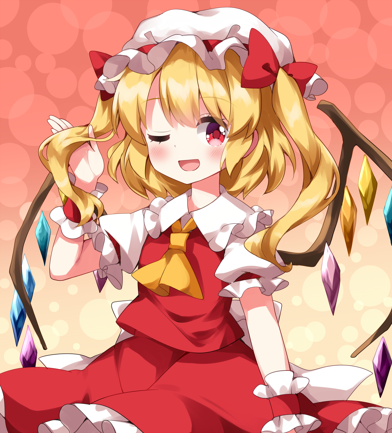 ruu (tksymkw), flandre scarlet, touhou, commentary request, highres, 1girl, ascot, blonde hair, frilled skirt, frills, gradient background, hat, looking at viewer, mob cap, one eye closed, open mouth, puffy short sleeves, puffy sleeves, red eyes, red vest, short sleeves, skirt, smile, solo, twintails, vest, wings, yellow ascot