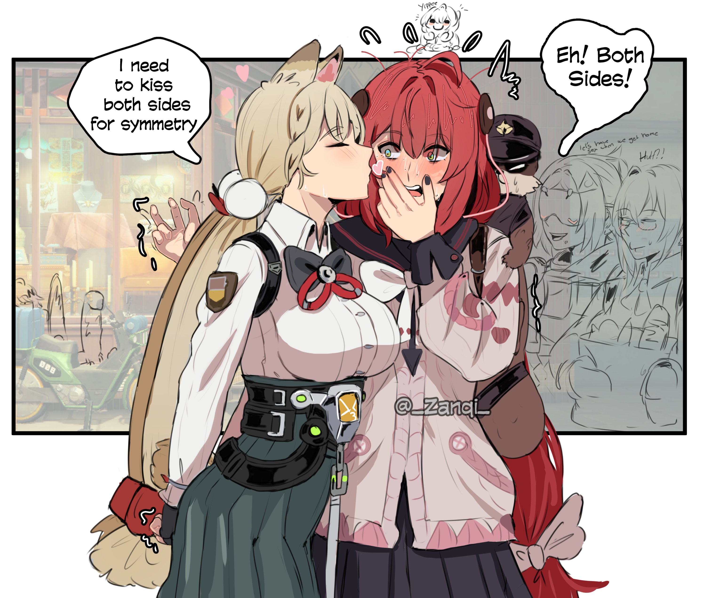 zanqi, alice thymefield, kamanosuke (zenless zone zero), trigger (zenless zone zero), tsukishiro yanagi, ukinami yuzuha, zenless zone zero, braided twintails, absurdres, commentary, english commentary, highres, !, 1other, 4girls, ?, animal, animal ear fluff, animal ears, animal on back, arms behind back, backpack, bag, belt, black gloves, black nails, blindfold mask, blonde hair, blush, braid, cardigan, chest bow, closed eyes, closed mouth, covered eyes, covering own mouth, english text, fingerless gloves, food, game screenshot background, glasses, gloves, green eyes, green skirt, hair ornament, hair ribbon, hat, hearing aid, heart, holding, holding food, kiss, kissing cheek, long hair, looking at another, mask, multiple girls, open mouth, pink cardigan, rabbit ears, rabbit girl, raccoon, red hair, ribbon, screenshot background, shirt, skirt, speech bubble, sphere hair ornament, sweat, tanuki, teeth, twintails, upper teeth only, white background, white shirt, yuri