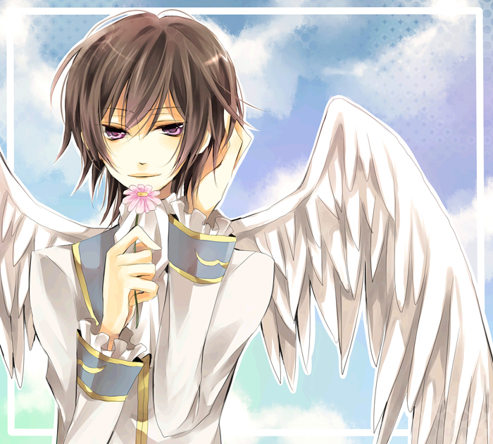 karu, yuzuki karu, lelouch vi britannia, code geass, bad id, bad pixiv id, 00s, angel, angel wings, black hair, cloud, flower, formal clothes, male focus, purple eyes, sky, solo, wings