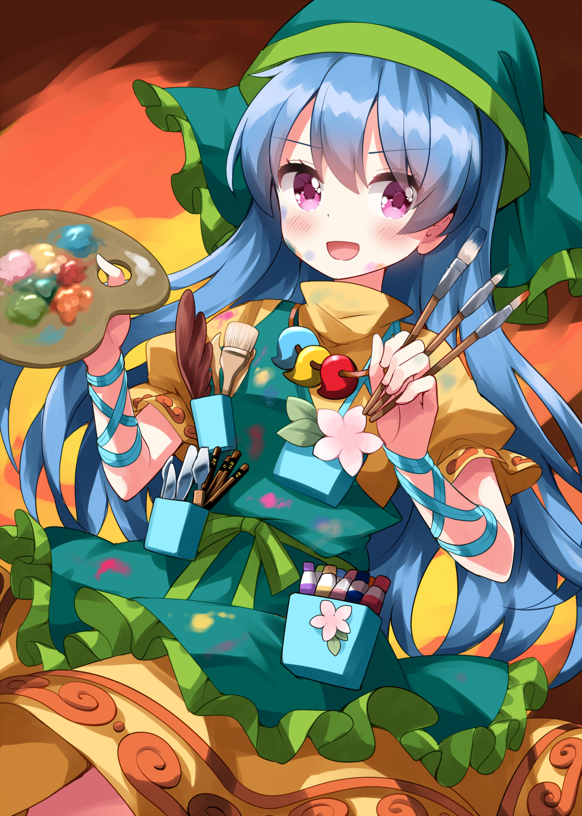 ruu (tksymkw), haniyasushin keiki, touhou, commentary request, highres, 1girl, :d, apron, art brush, between fingers, blue hair, blush, chisel, dress, feathers, flower, frilled apron, frills, green apron, green headscarf, green hood, headscarf, holding, holding paint palette, holding paintbrush, jewelry, long hair, magatama, magatama necklace, necklace, open mouth, orange dress, paint palette, paint tube, paintbrush, pocket, puffy short sleeves, puffy sleeves, purple eyes, short sleeves, single strap, smile, solo, upper body, v-shaped eyebrows, very long hair