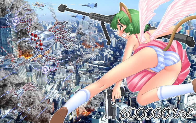 hase yu, nyano, original, 1girl, aircraft, airplane, angry, animal ears, ass, bipod, blue panties, blush, cat ears, cat tail, green eyes, green hair, gun, milestone celebration, panties, pantyshot, rifle, shoes, short hair, skirt, socks, striped clothes, striped panties, tail, underwear, upskirt, weapon, white panties, wings