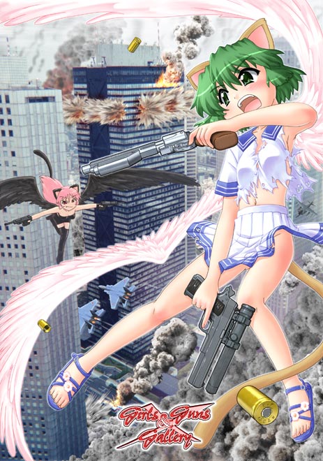 hase yu, nyano, original, 2girls, aerial battle, aircraft, airplane, animal ears, battle, black wings, building, cat ears, cat tail, cocked hammer, dual wielding, explosion, fang, flat chest, green eyes, green hair, gun, handgun, holding, m1911, midriff, multiple girls, navel, no panties, pink eyes, pink hair, pistol, revolver, sandals, school uniform, scope, serafuku, shell casing, short hair, skirt, tail, toes, torn clothes, trigger discipline, weapon, wings