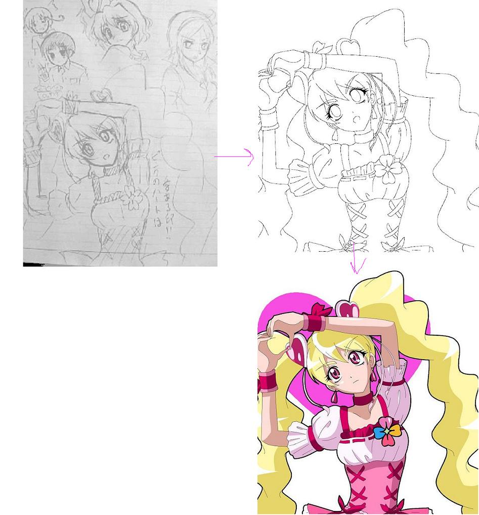 rute, cure peach, eas (fresh precure!), higashi setsuna, japan (hetalia), momozono love, northern italy (hetalia), yamabuki inori, axis powers hetalia, fresh precure!, precure, bad id, bad pixiv id, making-of, unfinished, 00s, 2boys, 3girls, blonde hair, eyelashes, hair ornament, heart, heart hair ornament, heart hands, how to, long hair, magical girl, multiple boys, multiple girls, pink eyes, twintails
