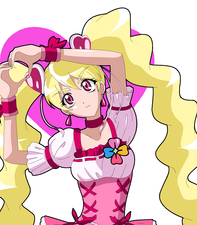 rute, cure peach, momozono love, fresh precure!, precure, bad id, bad pixiv id, 00s, 1girl, blonde hair, eyelashes, female focus, hair ornament, heart, heart hair ornament, heart hands, long hair, magical girl, pink eyes, solo, twintails
