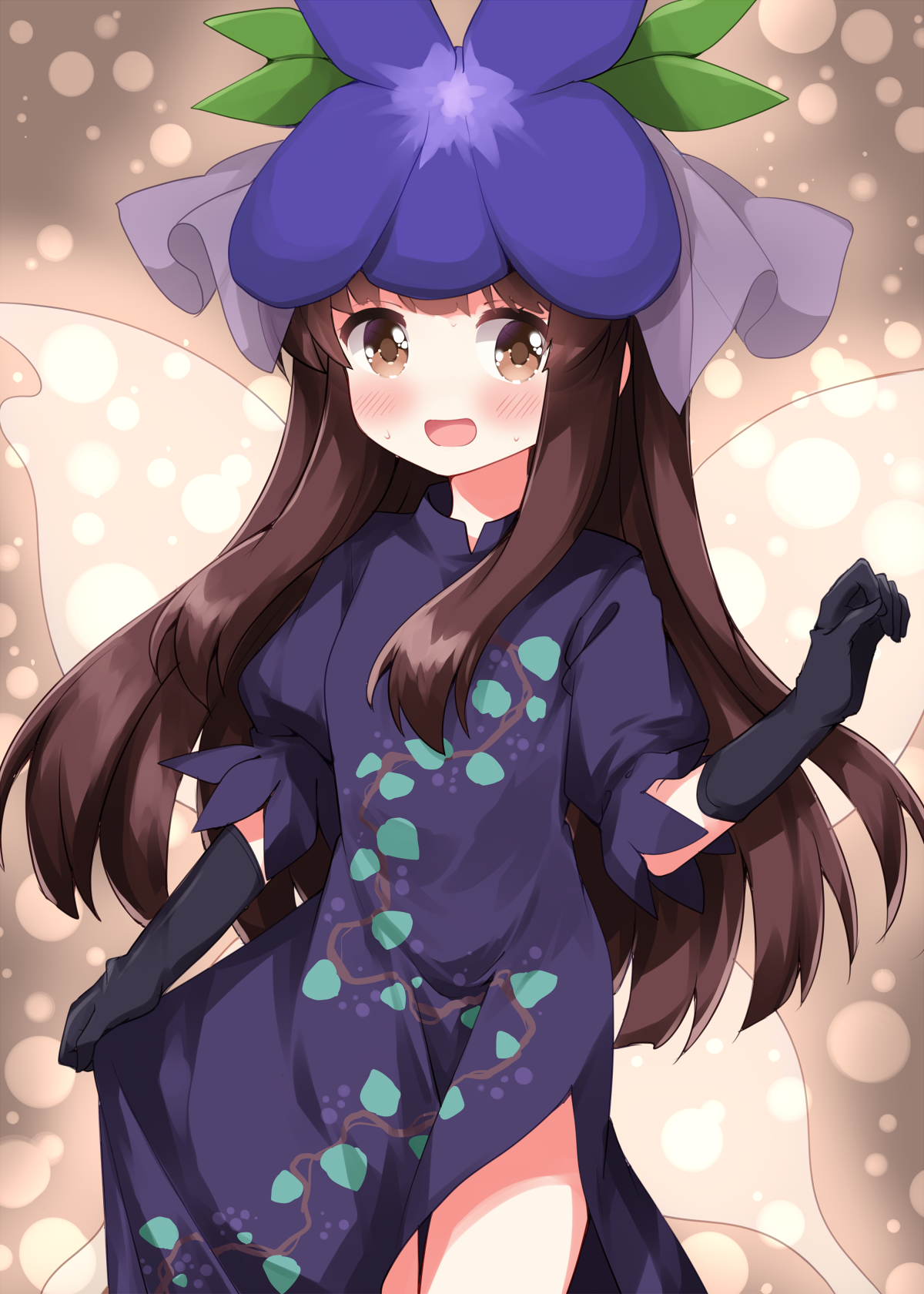 ruu (tksymkw), star sapphire, yomotsu hisami, touhou, commentary request, highres, 1girl, black gloves, blush, brown eyes, brown hair, china dress, chinese clothes, cosplay, cowboy shot, dress, elbow gloves, embarrassed, gloves, hat, lens flare, long hair, no nose, puffy short sleeves, puffy sleeves, purple dress, purple hat, short sleeves, side slit, sidelocks, solo, standing, sweatdrop, transparent wings, wings, yomotsu hisami (cosplay)