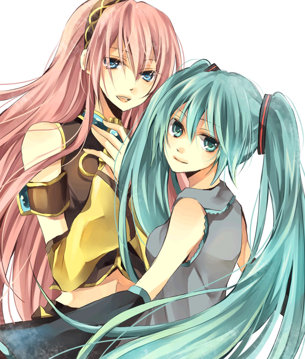 karu, yuzuki karu, hatsune miku, megurine luka, vocaloid, bad id, bad pixiv id, 2girls, armband, bare shoulders, blue eyes, detached sleeves, green eyes, green hair, hair ribbon, hairband, headband, multiple girls, pink hair, ribbon, smile, twintails