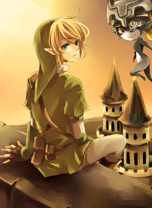 karu, yuzuki karu, link, midna, nintendo, the legend of zelda, the legend of zelda: twilight princess, bad id, bad pixiv id, 1boy, 1girl, aqua eyes, blonde hair, castle, earrings, elf, fingerless gloves, gloves, hat, jewelry, pointy ears, tunic