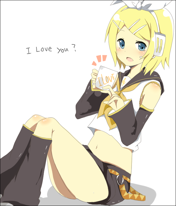 aoi (pixiv220348), mono (recall), kagamine rin, vocaloid, bad id, bad pixiv id, 1girl, blonde hair, blue eyes, bow, detached sleeves, female focus, hair ornament, hairclip, headset, midriff, navel, short hair, shorts, solo