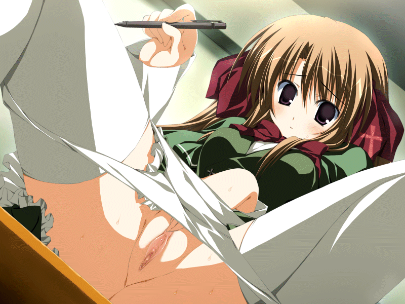 korie riko, hosaka nanami, terebi no kieta hi, animated, animated gif, game cg, third-party edit, 1girl, anus, blazer, blush, breasts, brown hair, cross, dress, female focus, female masturbation, fingering, hair ornament, hair ribbon, jacket, long hair, masturbation, mechanical pencil, medium breasts, nipples, panties, panty pull, pen, pencil, pussy, ribbon, school uniform, skirt, solo, spread legs, table, thighhighs, trembling, uncensored, underwear, white thighhighs