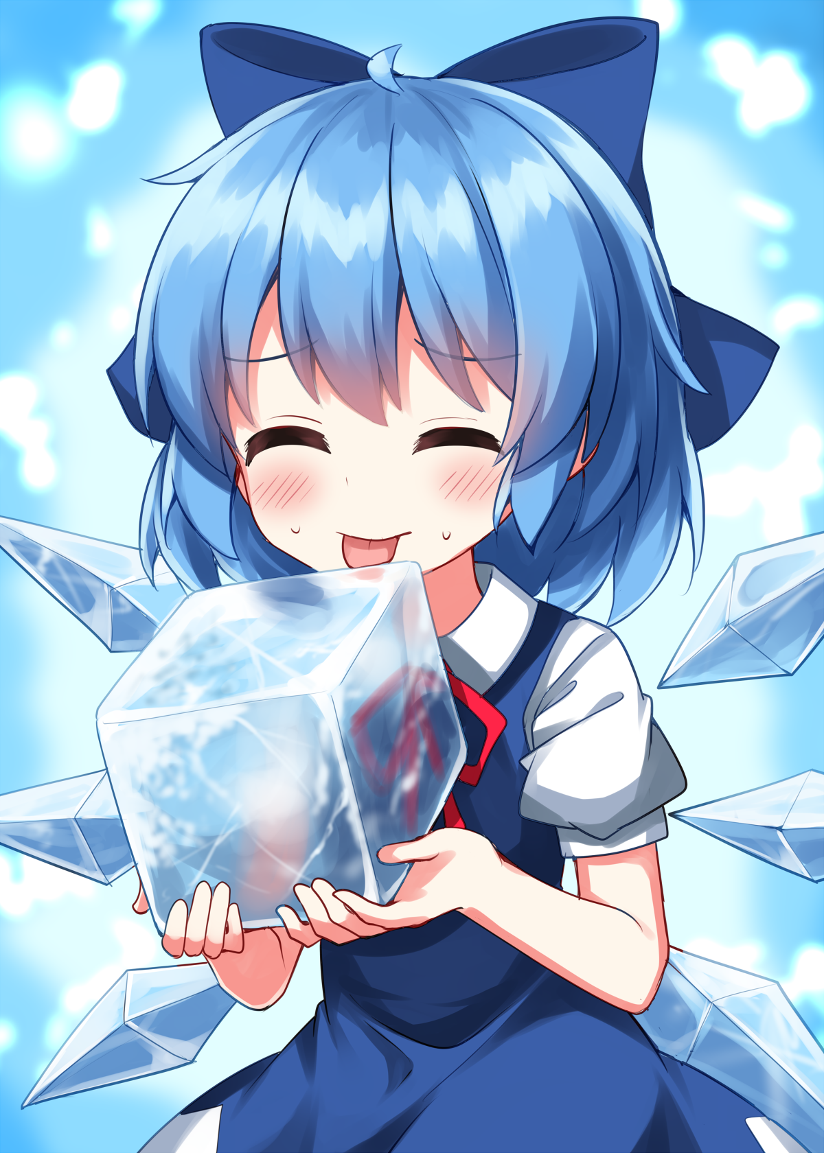 ruu (tksymkw), cirno, touhou, commentary request, highres, 1girl, blue background, blue bow, blue dress, blue hair, blush, bow, closed eyes, collared shirt, cowboy shot, detached wings, dress, hair bow, holding, ice, ice cube, ice wings, licking, neck ribbon, pinafore dress, puffy short sleeves, puffy sleeves, red ribbon, ribbon, shirt, short hair, short sleeves, sleeveless, sleeveless dress, solo, standing, tongue, tongue out, tongue stuck frozen, white shirt, wings