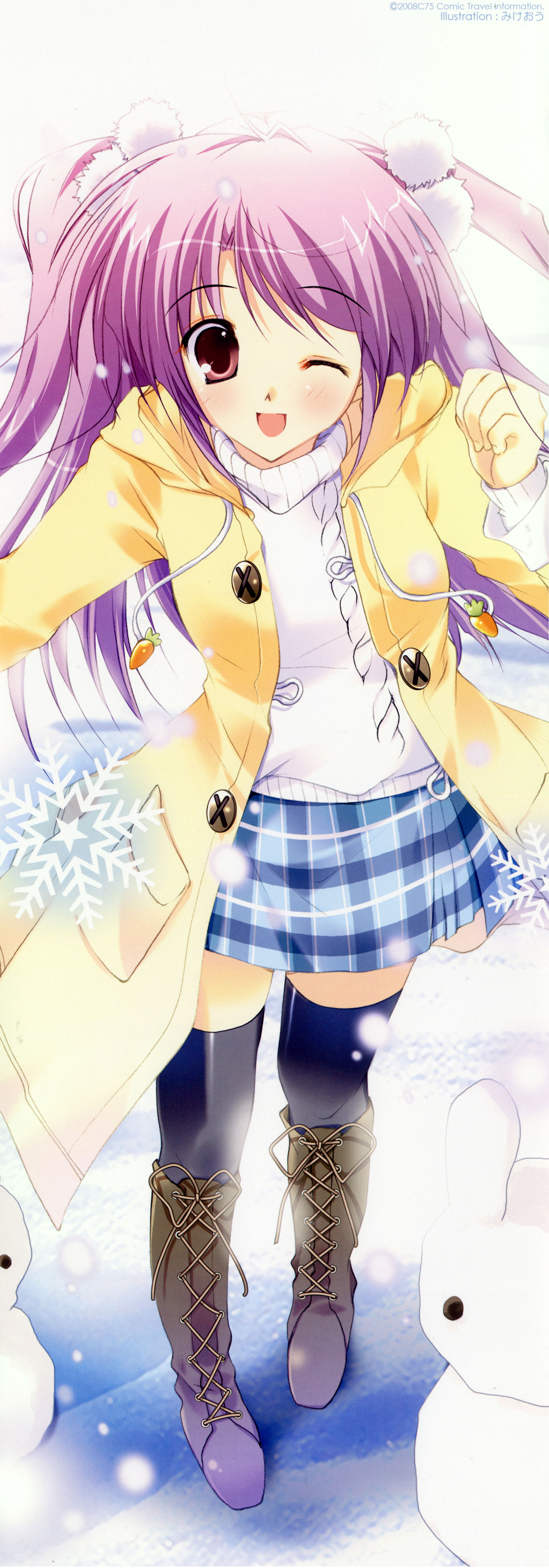 mikeou, absurdres, highres, long image, tall image, 1girl, ;d, black thighhighs, blush, boots, coat, female focus, happy, long hair, miniskirt, one eye closed, open mouth, outdoors, pink eyes, plaid clothes, plaid skirt, purple hair, skirt, smile, snow, solo, stick poster, sweater, thighhighs, twintails, wink, zettai ryouiki
