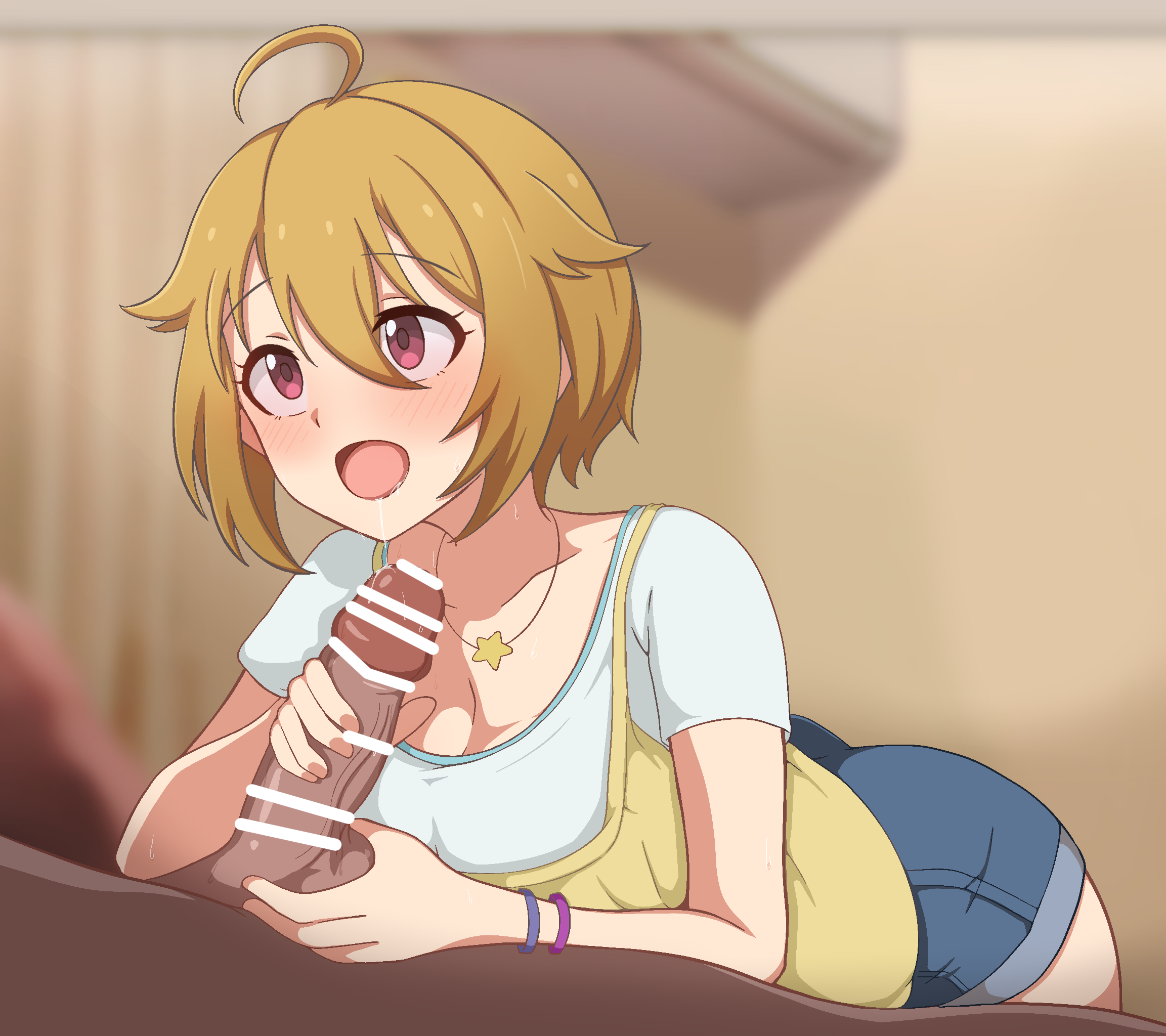 milliani, ibuki tsubasa, idolmaster, idolmaster million live!, highres, 1boy, 1girl, ahoge, bar censor, bent over, blue shorts, blurry, blurry background, blush, breasts, brown hair, camisole, camisole over clothes, caressing testicles, censored, cleavage, clothed female nude male, clothed sex, collarbone, cowboy shot, denim, denim shorts, erection, hair between eyes, hair flaps, handjob, hetero, jewelry, looking at another, necklace, nude, open mouth, penis, pointless censoring, red eyes, saliva, saliva trail, shirt, short hair, short shorts, short sleeves, shorts, solo focus, star pendant, t-shirt, testicles, white shirt, wristband, yellow camisole