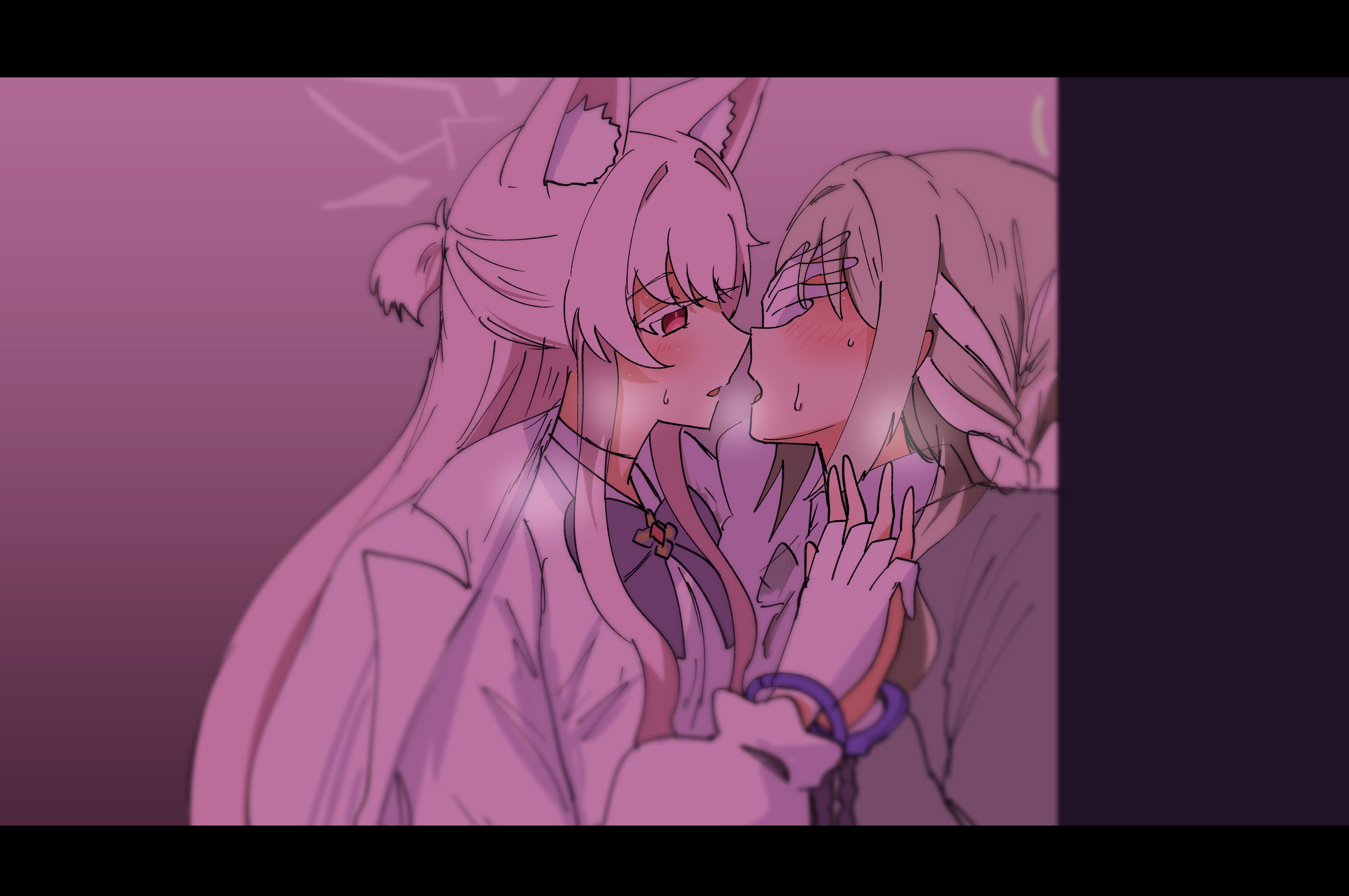 yabunoki, akira (blue archive), miyo (blue archive), blue archive, absurdres, highres, 2girls, animal ears, blush, breasts, gloves, halo, long hair, medium breasts, multiple girls, open mouth, red eyes, sweat, white gloves, white hair, yuri
