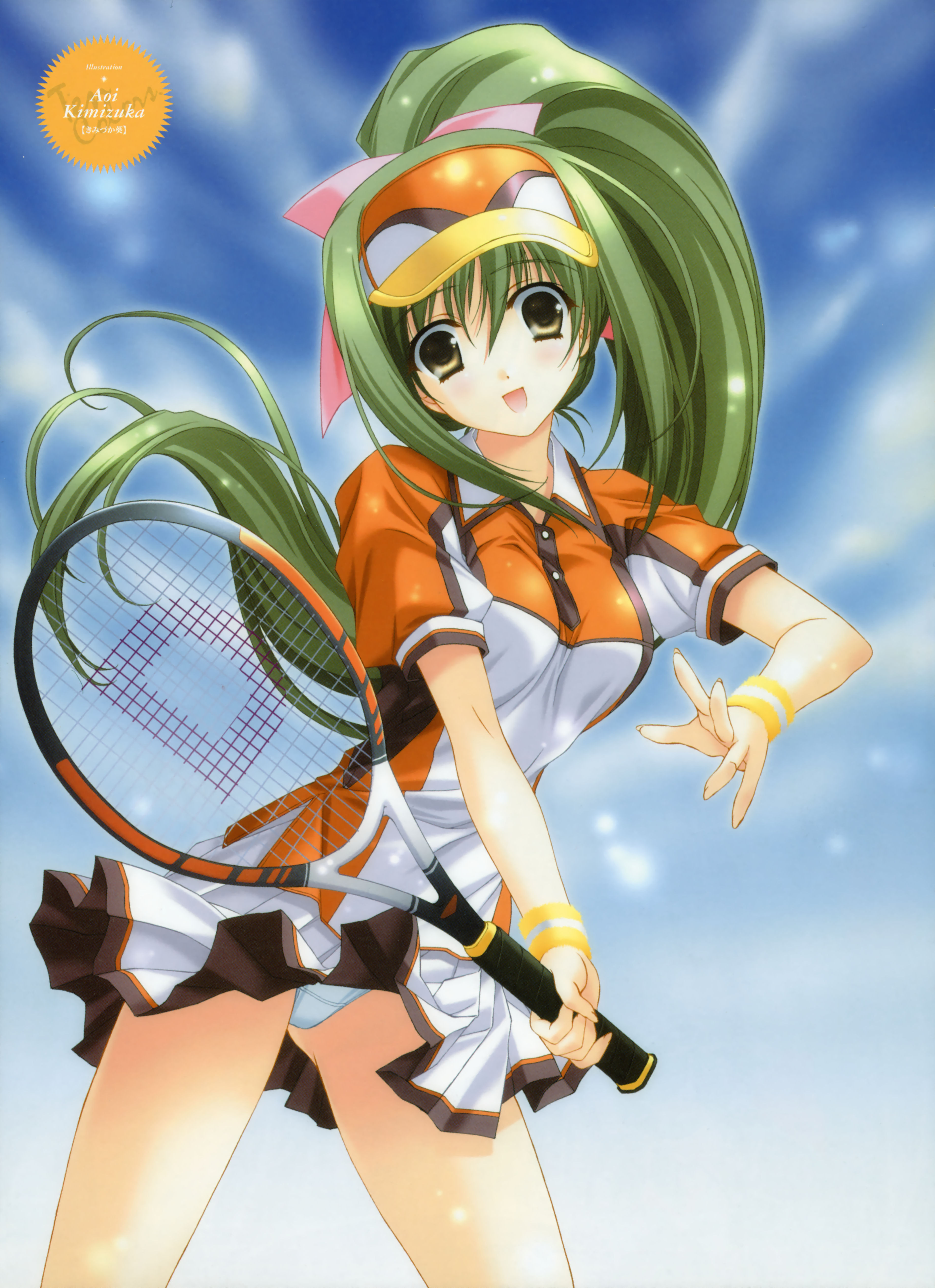 kimizuka aoi, absurdres, highres, green hair, long hair, open mouth, panties, pantyshot, ponytail, racket, solo, tennis racket, underwear, yellow eyes