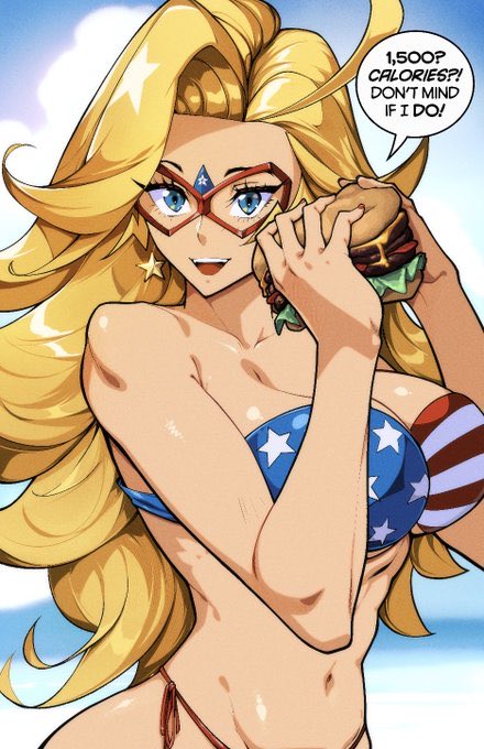kamen america, 1girl, american flag bikini, american flag print, beach, bikini, blonde hair, burger, english text, flag print, flag print bikini, long hair, mask, print bikini, swimsuit