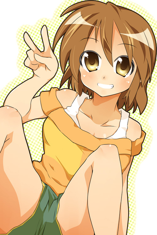 shing (sorairo factory), hiiragi matsuri, lucky star, 00s, brown eyes, brown hair, short hair, smile, v