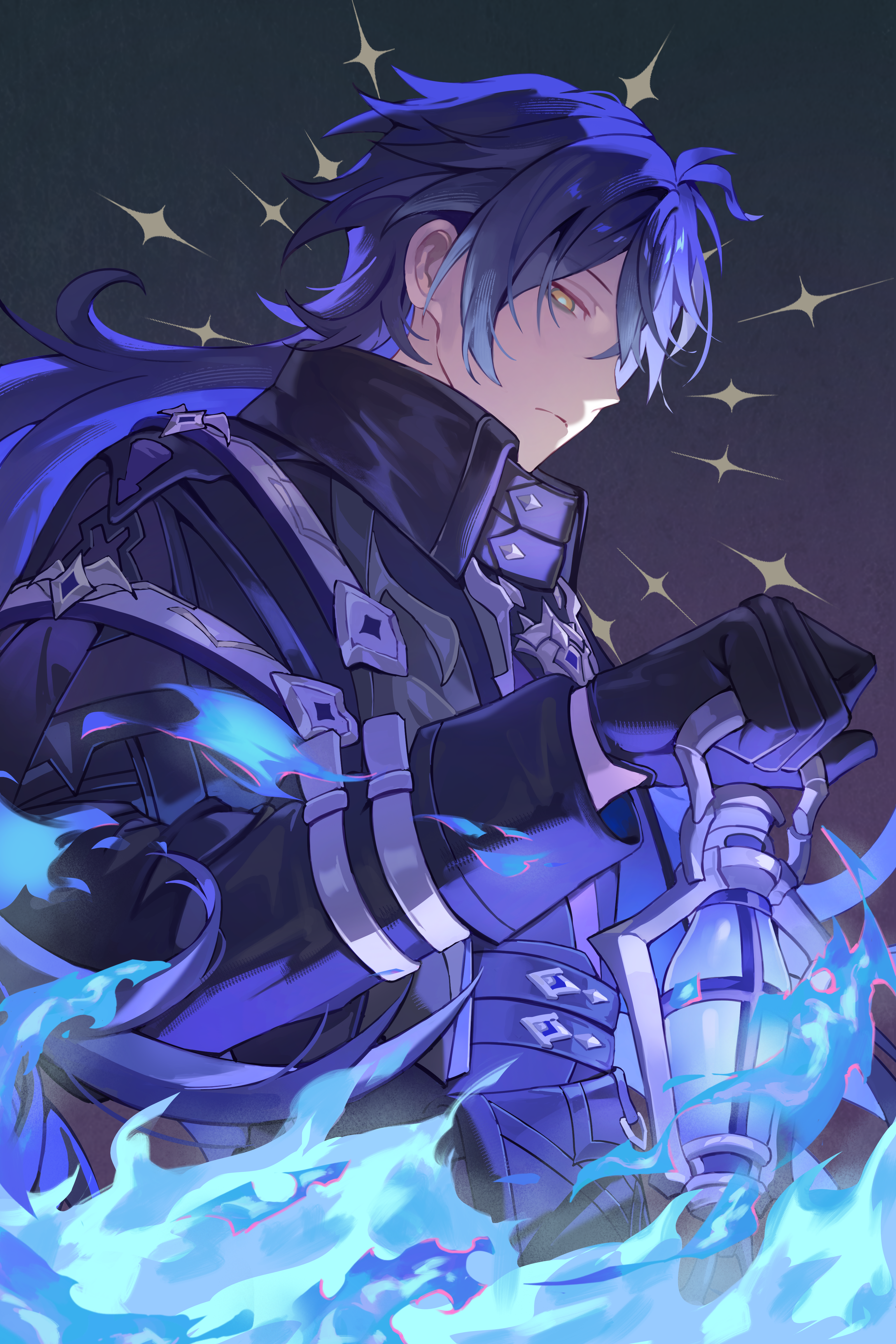 kanangnsn, flins (genshin impact), genshin impact, absurdres, commentary request, duplicate, highres, 1boy, antenna hair, bags under eyes, black coat, black gloves, blue fire, blue hair, blue pupils, closed mouth, coat, collared coat, empty eyes, fire, from side, gloves, gradient hair, hair behind ear, hair between eyes, holding, holding lantern, lantern, long hair, long sleeves, male focus, multicolored eyes, multicolored hair, profile, shade, sleeve cuffs, solo, upper body, wing collar, yellow eyes