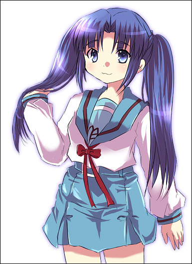 inui nagi, asakura ryoko, suzumiya haruhi no yuuutsu, non-web source, 00s, :3, blue eyes, blue hair, long hair, school uniform, serafuku, solo, twintails