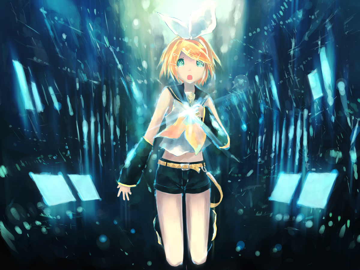 isou nagi, kagamine rin, kokoro (vocaloid), vocaloid, blonde hair, blue eyes, ribbon, shorts, solo