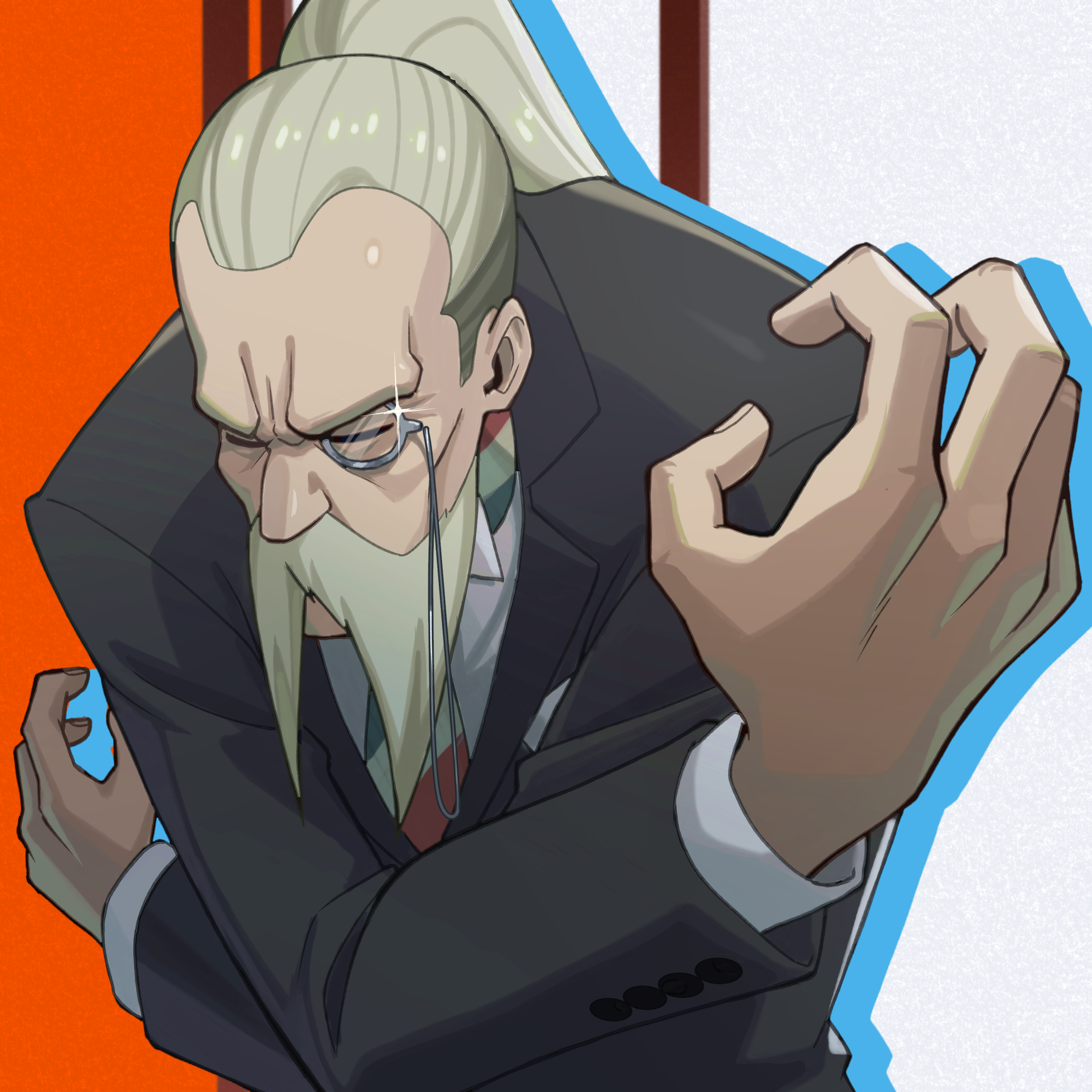 miconomicon, henry henderson, spy x family, absurdres, highres, 1boy, closed eyes, crossed arms, formal clothes, glint, grey hair, long sleeves, male focus, monocle, necktie, old, old man, ponytail, solo, striped necktie, suit, upper body
