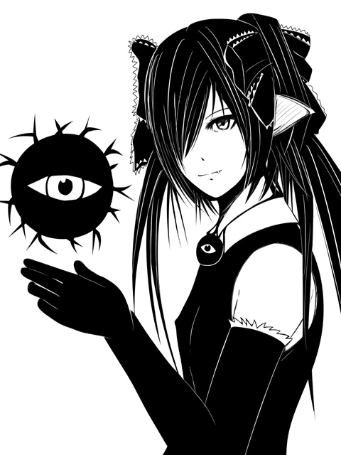 naf, backbeako (torotei), backbeard, gegege no kitarou, bad id, bad pixiv id, bow, covered erect nipples, elbow gloves, fang, gloves, greyscale, hair bow, hair over one eye, high contrast, long hair, monochrome, pointy ears, simple background, smile, solo