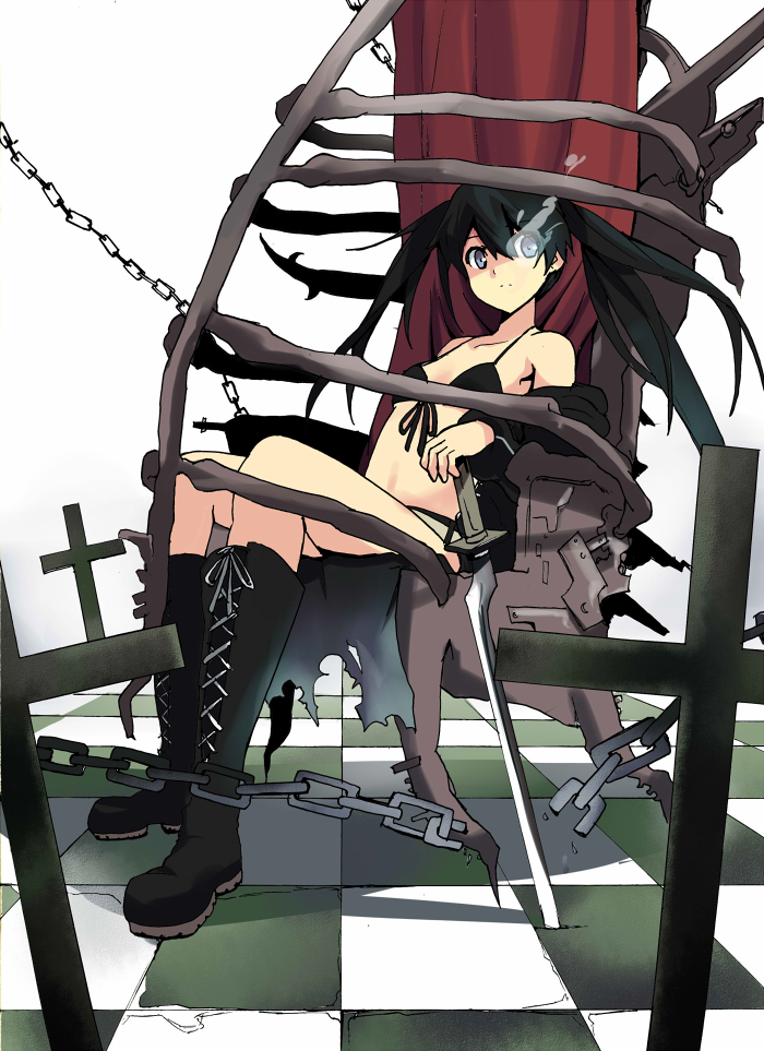 hyakuen raitaa, black rock shooter (character), black rock shooter, vocaloid, bad id, bad pixiv id, 10s, 1girl, bikini, bikini top only, black hair, blue eyes, boots, chain, cross, female focus, katana, long hair, solo, swimsuit, sword, twintails, weapon