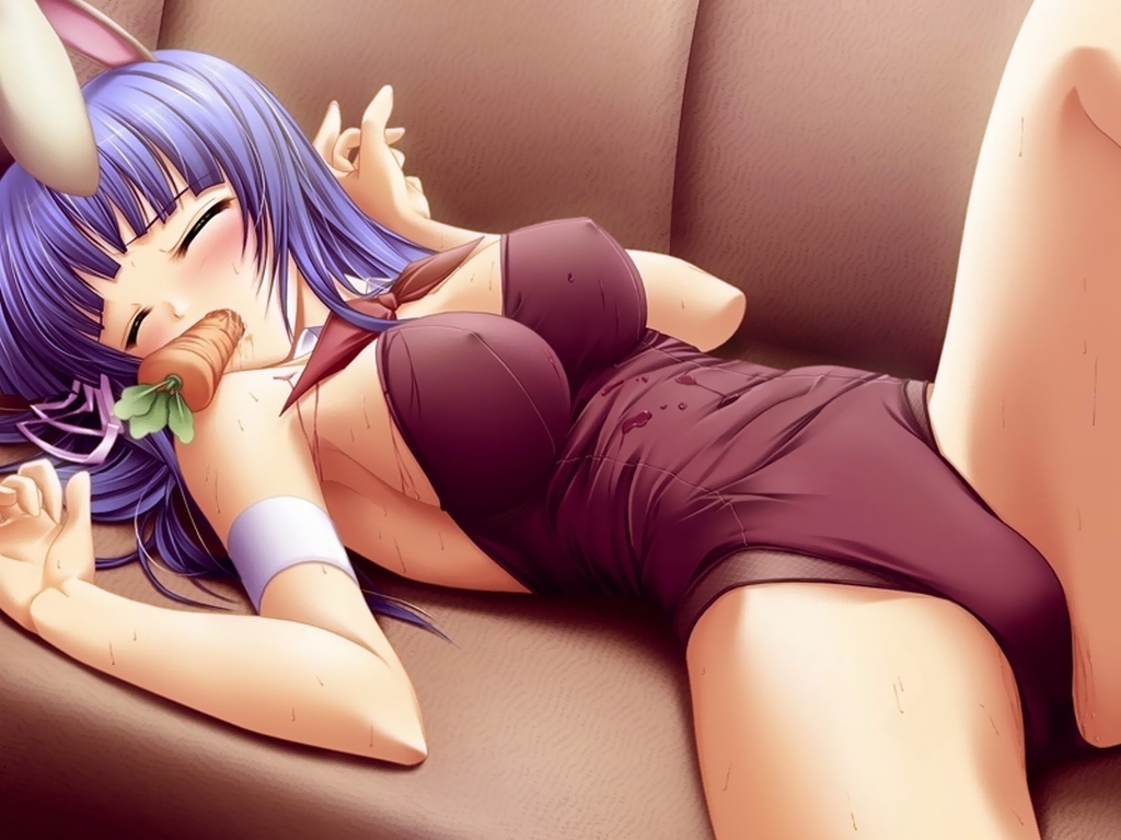 youga ai, fruit punch (eroge), non-web source, 1girl, aftersex, animal ears, bare legs, blue hair, breasts, carrot, closed eyes, couch, fake animal ears, female focus, highleg, large breasts, long hair, lying, playboy bunny, purple hair, rabbit ears, solo, sweat
