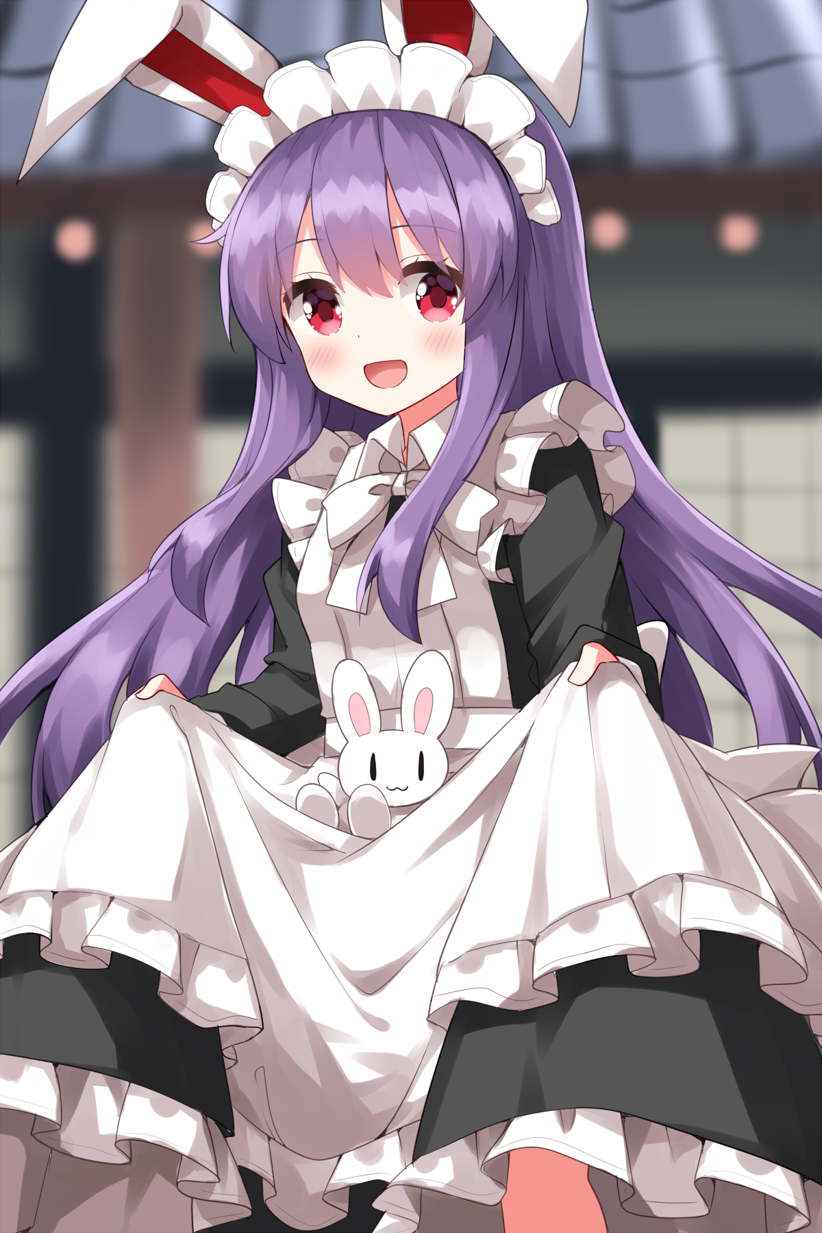 ruu (tksymkw), inaba mob (touhou), reisen udongein inaba, touhou, commentary request, highres, 1girl, :d, alternate costume, animal ears, apron, apron hold, black dress, blurry, blurry background, blush, bow, bowtie, collared dress, cowboy shot, dress, enmaided, eyes visible through hair, frilled apron, frilled dress, frills, hair between eyes, long hair, long sleeves, looking at viewer, maid, maid apron, maid headdress, open mouth, purple hair, rabbit ears, rabbit girl, red eyes, sidelocks, skirt hold, smile, solo, standing, white apron, white bow, white bowtie