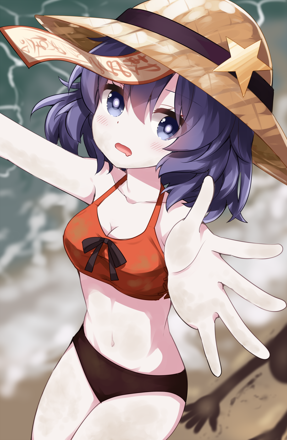 ruu (tksymkw), miyako yoshika, touhou, commentary request, highres, 1girl, adapted costume, arm out of frame, beach, bikini, black ribbon, blurry, blurry background, blush, breasts, bright pupils, brown bikini, brown hat, cleavage, collarbone, cowboy shot, drooling, hair between eyes, hat, hat ornament, looking at viewer, medium breasts, medium hair, mouth drool, navel, ofuda, ofuda on head, open mouth, orange bikini, outdoors, outstretched arms, purple eyes, purple hair, ribbon, solo, standing, star (symbol), star hat ornament, swimsuit, white pupils